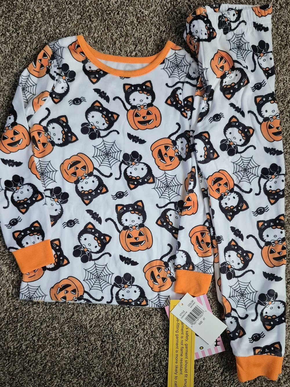 Hello Kitty Kids Girl Halloween Pajama Set Orange, Black & White Fall Pumpkin 4t